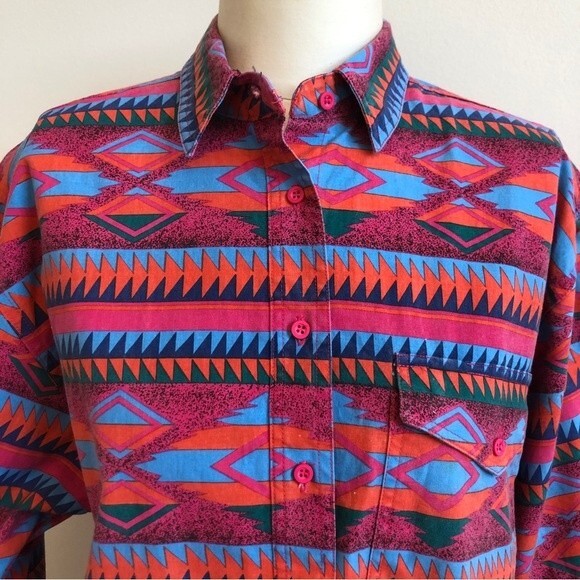 Wrangler Shirt Womens XL Pink Blue 90s Southwestern Western Aztec Vintage New - Picture 3 of 16